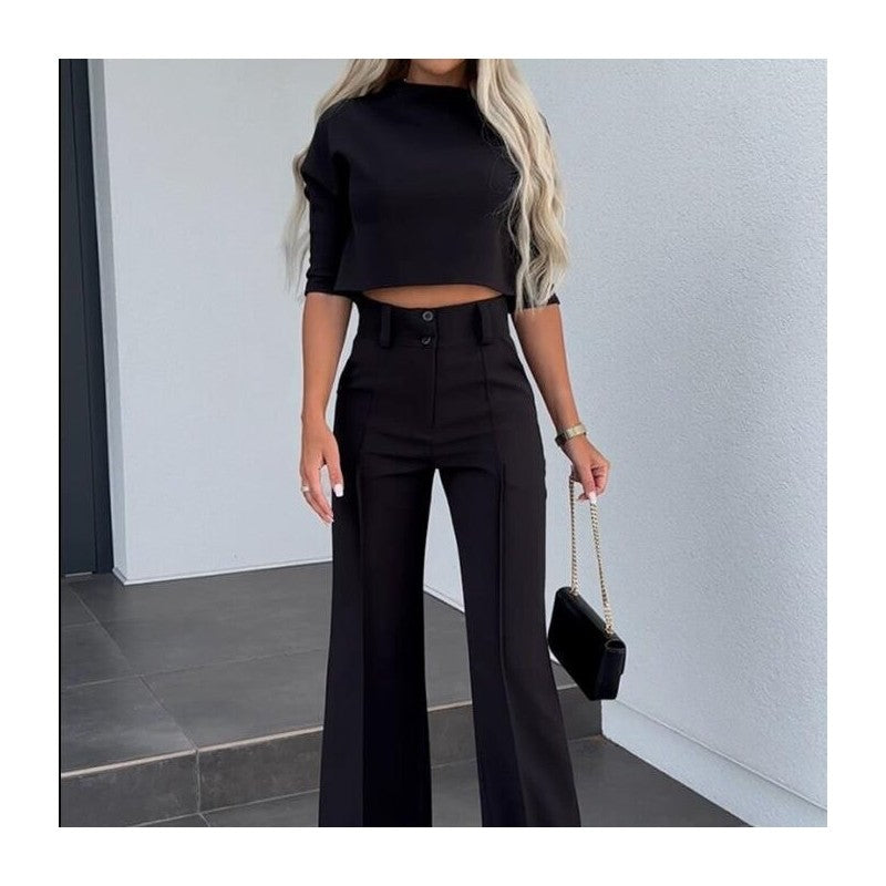 Solid Color Nine-Quarter Sleeve Top and Long Pants Ensemble