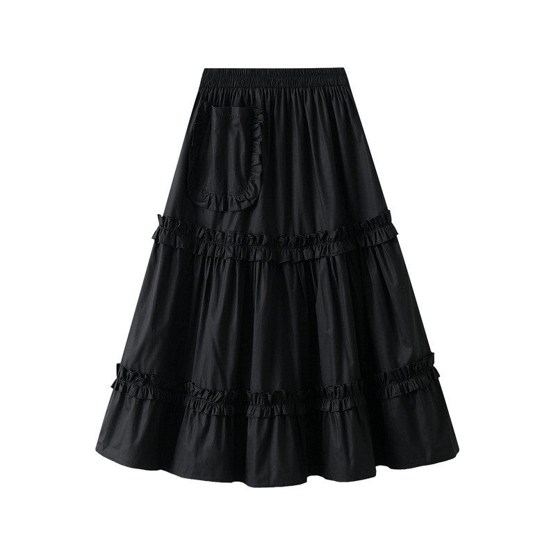 Elegant Solid Color Elastic Waist Ruffled A-Line Skirt
