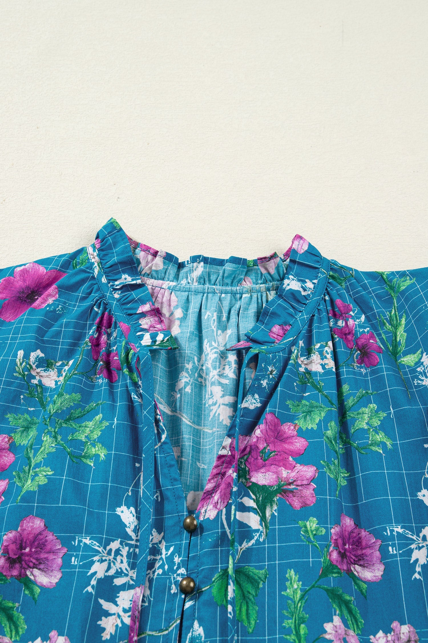 Blue Floral Flutter Sleeve Button Tie Split Neck Belted Long Dress