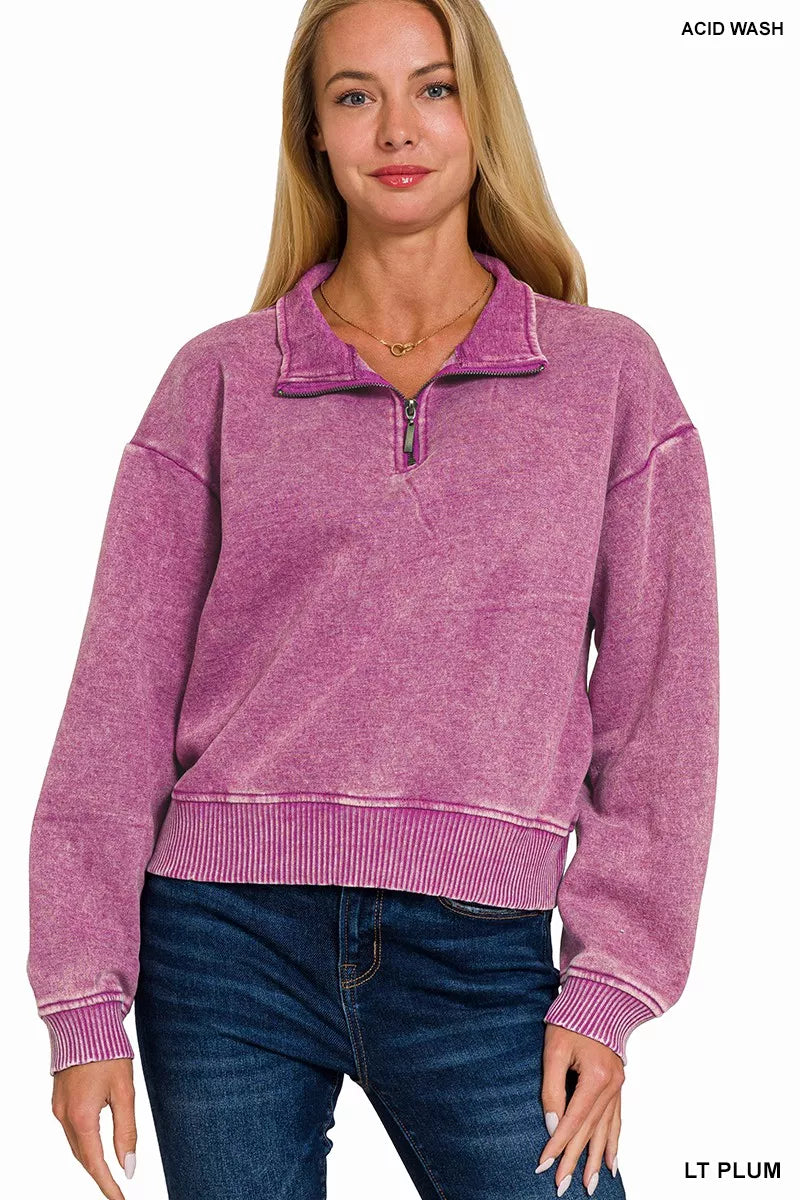 I am a Fashion junky Acid Wash Fleece Half Zip Sweatshirt