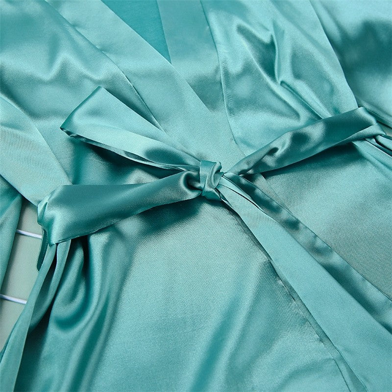 Solid Color Satin Lace-Up Robe and Pants Set