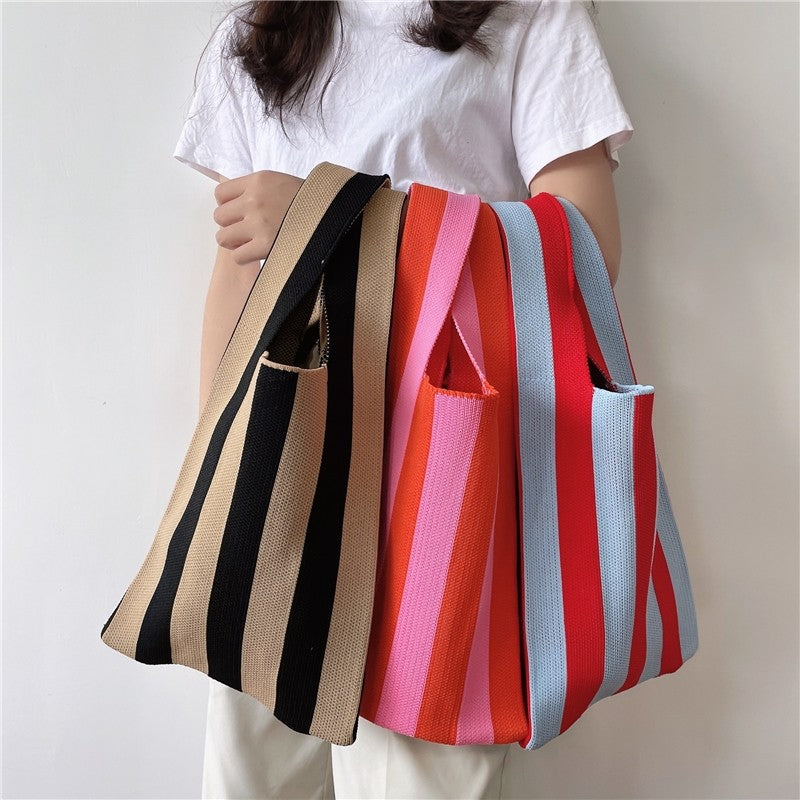 Contrast Color Striped Openning Knitted Handbag
