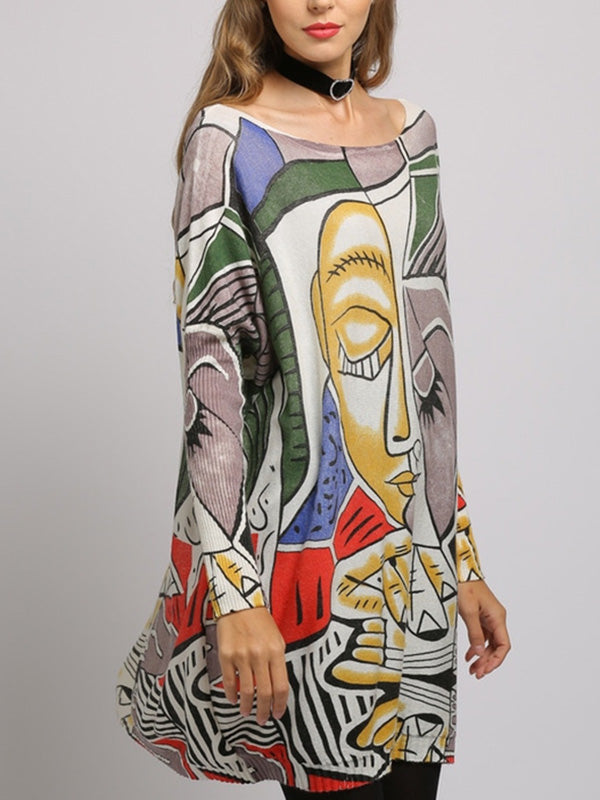 Long Sleeves Loose Figure Printed Boat Neck Knitwear