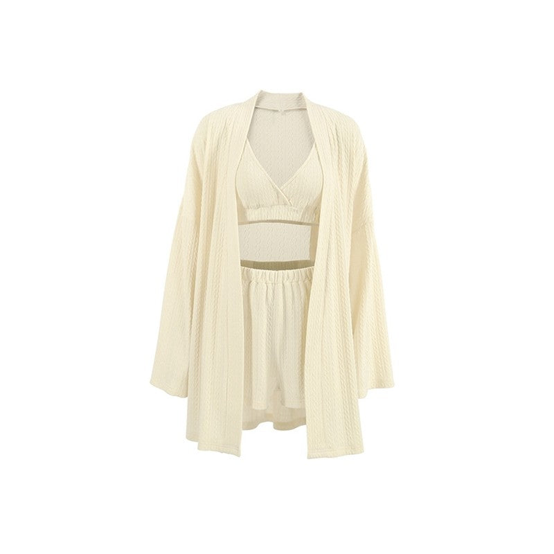 Knitted Bralette, Waist-Tied Cardigan, and Shorts Set - Solid Color Loungewear