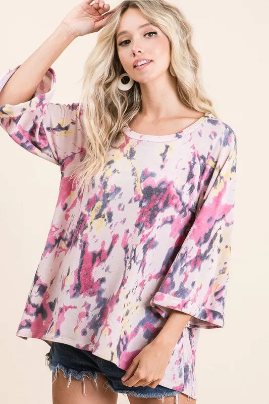 Tie Dye Print Terry A Line Top with Bell Sleeves