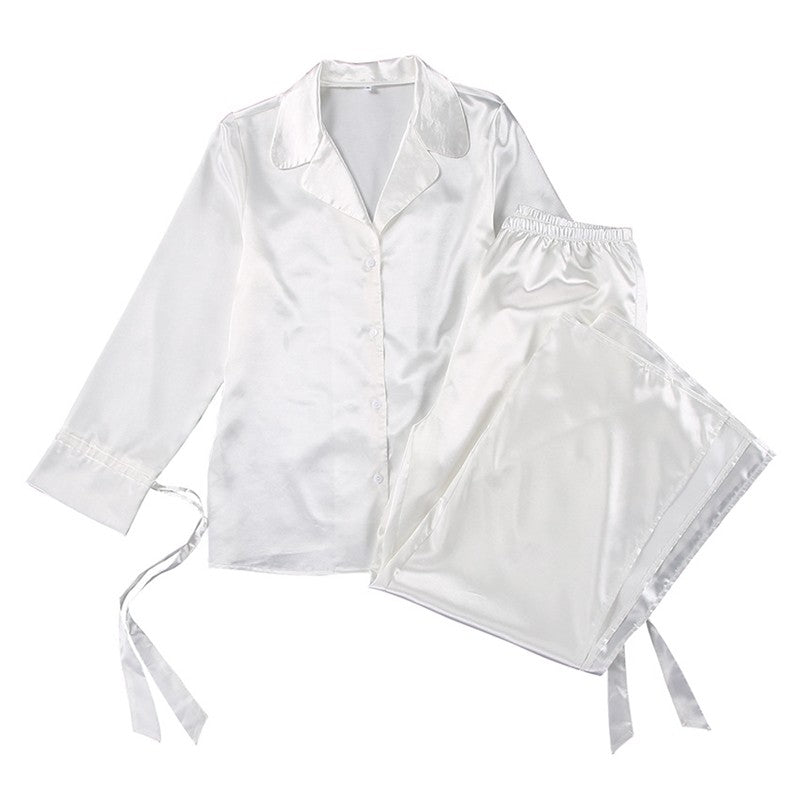 Solid Color Long Sleeve Lapel Buttoned Blouse and Side Slit Pants Two-Piece Homewear Pajama Set