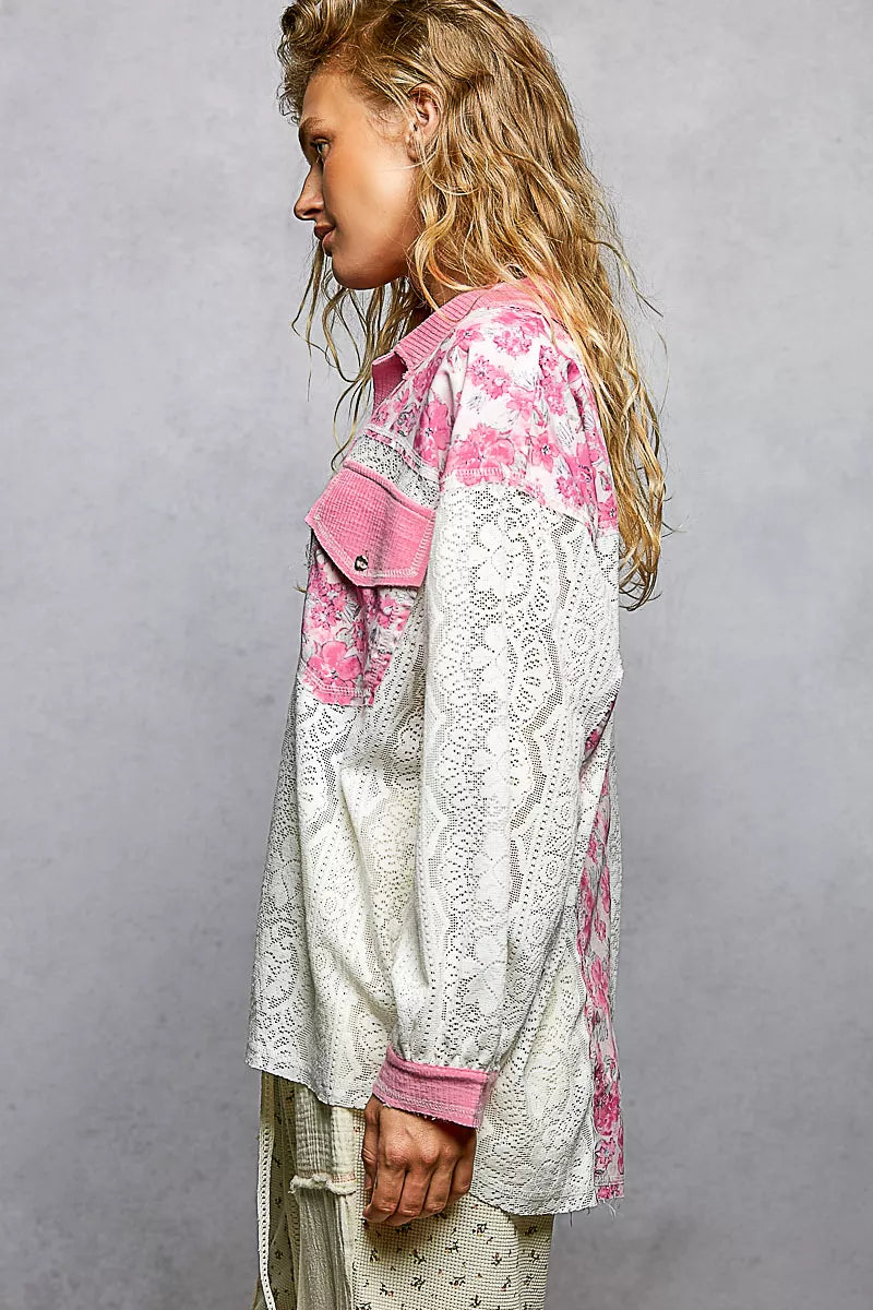 Floral Print Long Sleeve Lace Shirt with Front Pocket