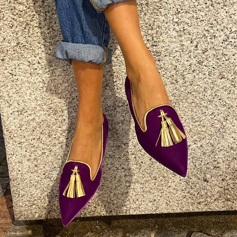 Women's Pointed Toe Tassel Flat Shoes | Low Heel Suede Casual Slip-On | Multi-Color