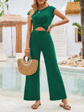 High Waisted Sleeveless Backless Hollow Knot Solid Color Tied Round-Neck Jumpsuits