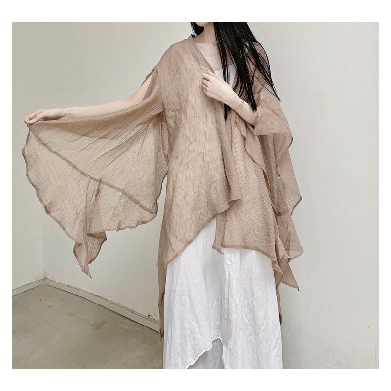 Sheer Half Sleeve Loose Fit Casual Cardigan in Solid Color