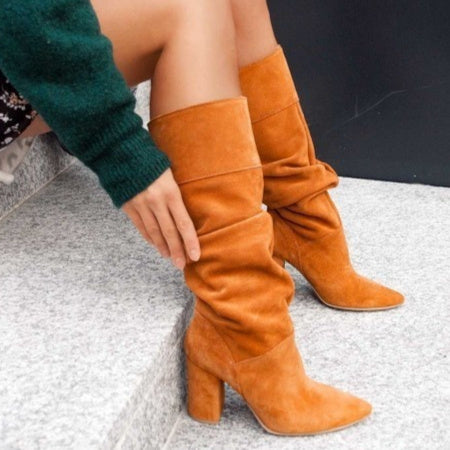 Women's Suede Over-the-Knee Boots - Chunky Heel Pointed Toe Slip-On Winter Boots
