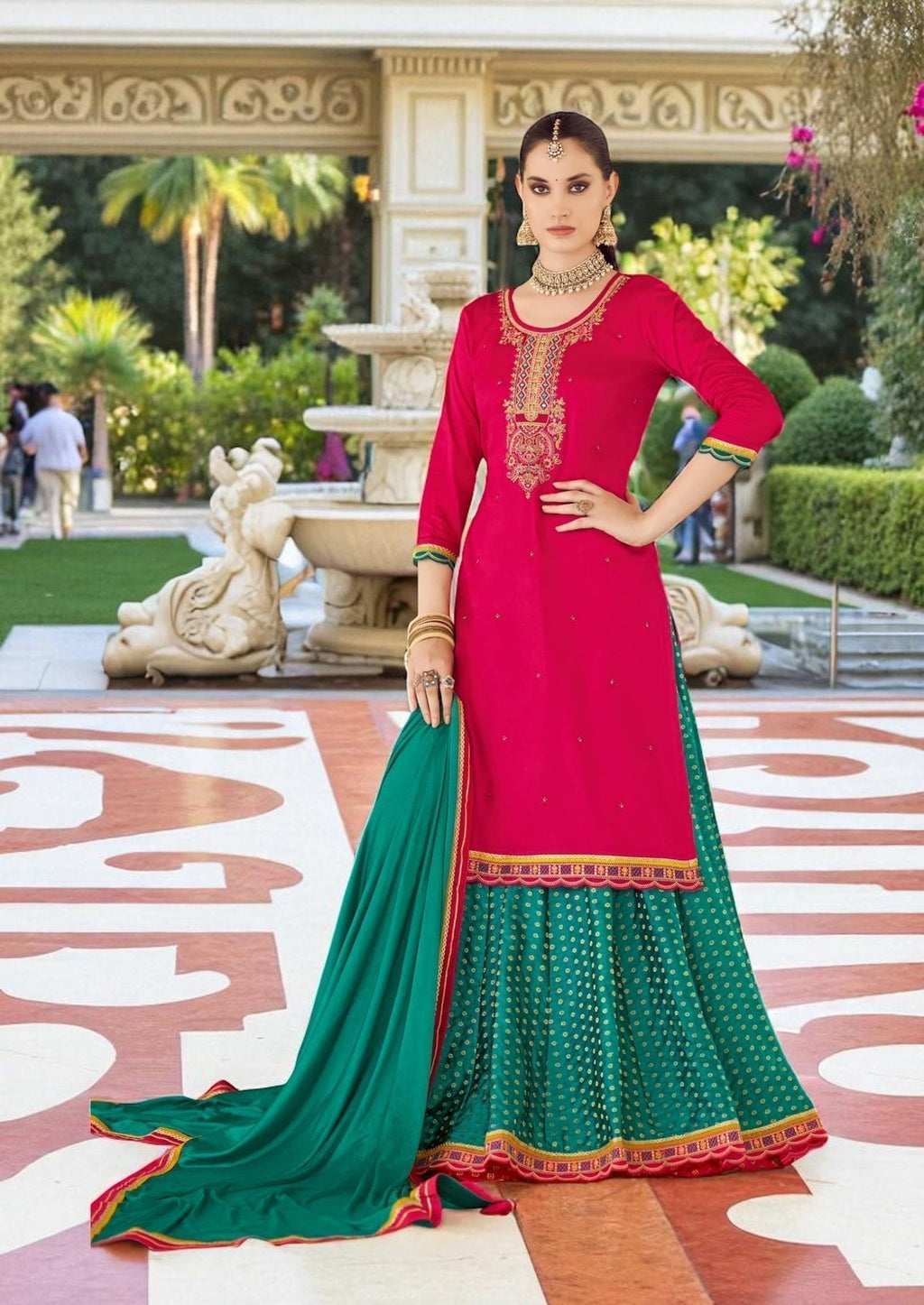 Dark pink : Modal silk Kurti with banarasi skirt