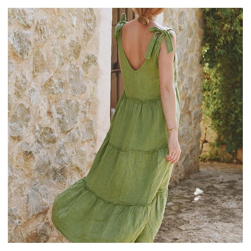 Solid Color Sleeveless Cotton Linen Dress