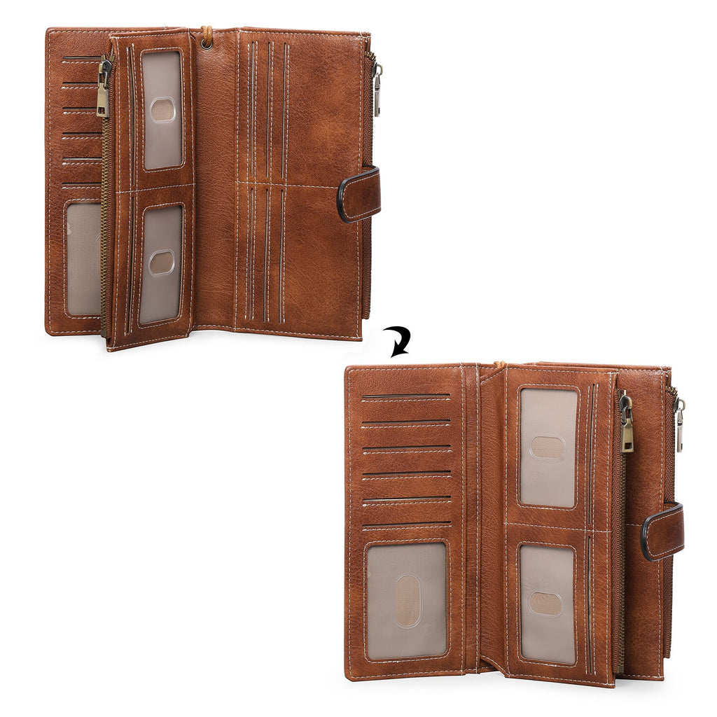 Women's Vintage Tri-Fold Wallet with RFID Protection - Oil Wax Leather Long Purse