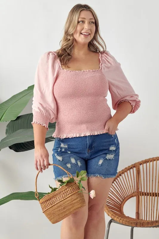 Full Size Ruffled Smocked Frill Square Neck Top Plus Size