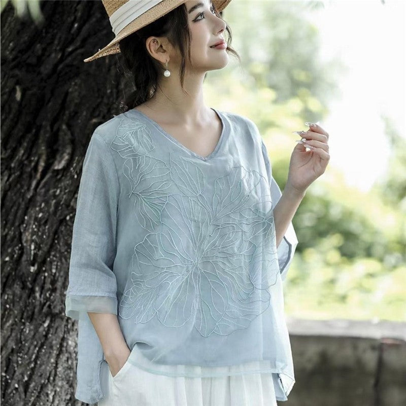 Stylish V-Neck Double Layer Embroidered Loose Blouse