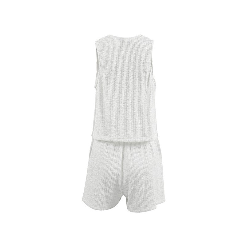 Monochrome Sleeveless Cardigan with Shorts - Pajama Set