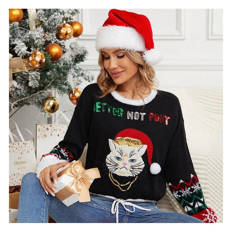 Sparkling Embroidered Cat Short Jacquard Christmas Sweater