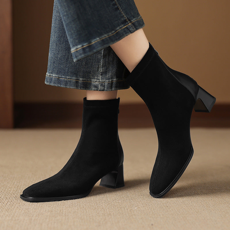 Women's Vintage Genuine Leather Patchwork Mid-Heel Ankle Boots | Round Toe Low Shaft