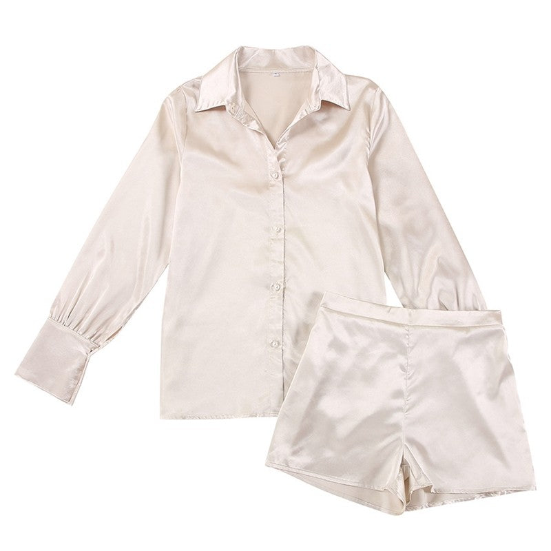 Solid Color Satin Long Sleeve Lapel Single Breasted Blouse and Shorts Set