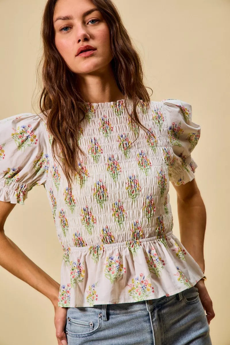 Floral Cotton Smocked Short Sleeves Blouse