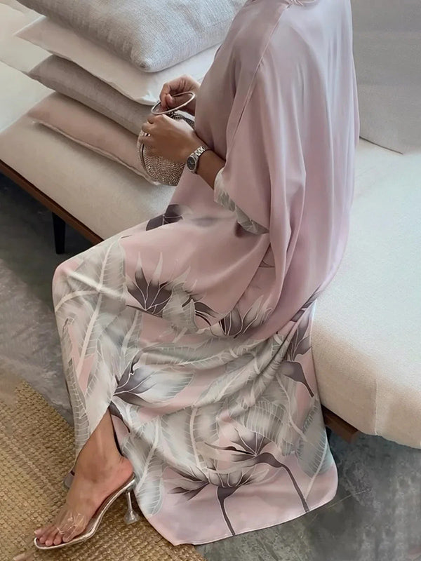 Long Sleeve Buttoned Muslim V-Neck Midi Dress with Contrast Color Flower & Leaves Print