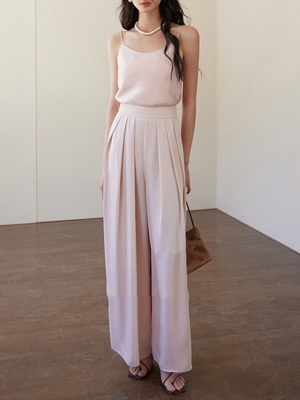 High Waisted Wide Leg Elasticity Pleated Solid Color Pants Trousers