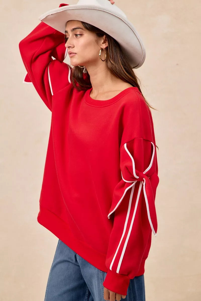 Bow Detail Sleeves Fleece Sweatshirt