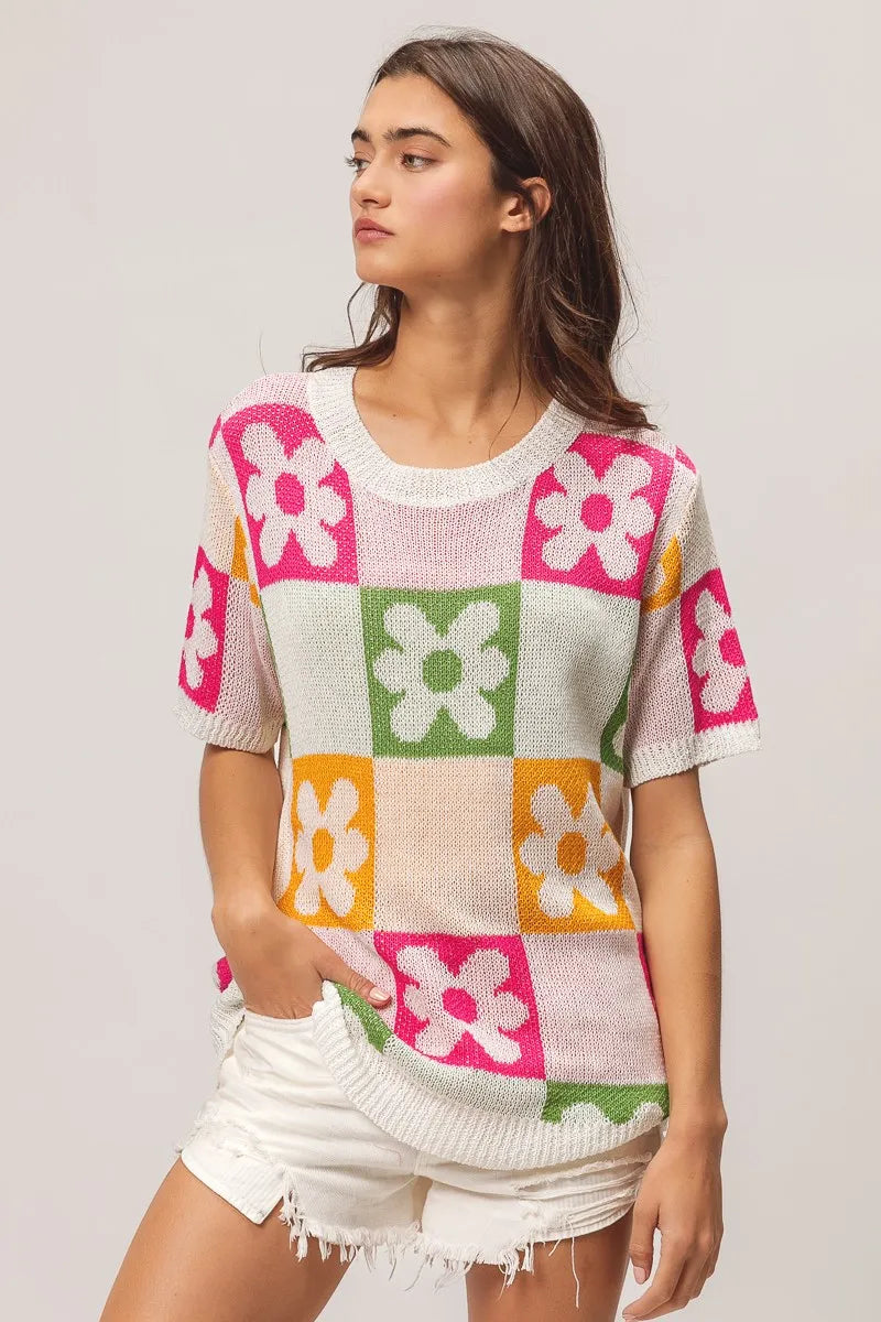 Flower Checker Pattern Lightweight Sweater Top