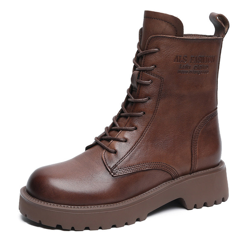 Women's Genuine Leather Chunky Heel Ankle Boots | Fleece-Lined Side Zipper | British Style