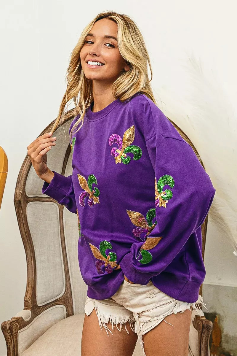 Fleur De Lis Sequin Patches Mardi Gras Sweatshirt