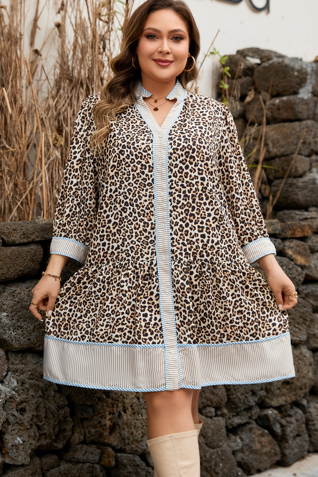 Khaki Plus Size Leopard Print Striped Trim V Neck Drop Waist Long Sleeve Mini Dress