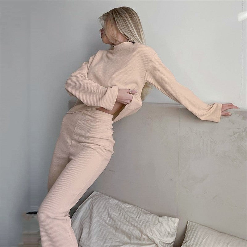 Solid Color Ribbed Crewneck Long Sleeve Top and Pants Lounge Set