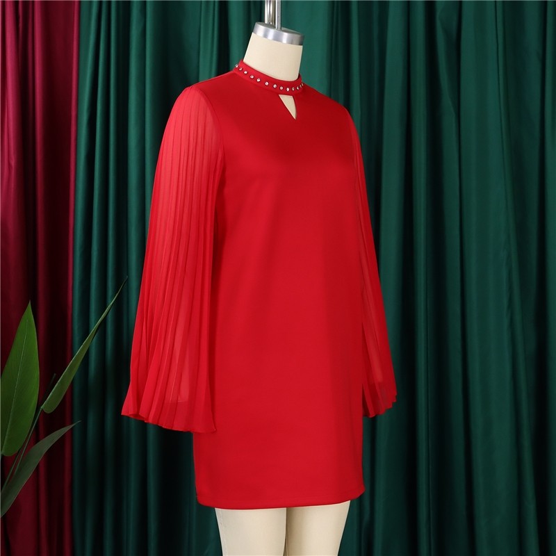 Chic Solid Color Bell Sleeve Dress with Pleats and Studs