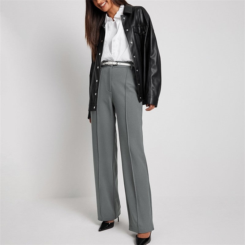 High-Waisted Solid Color Straight Leg Casual Pants