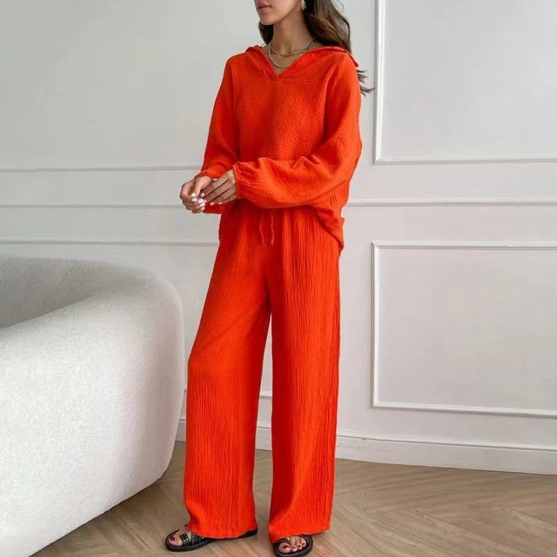 Solid Color Long Sleeve Lapel Blouse and Pants Set