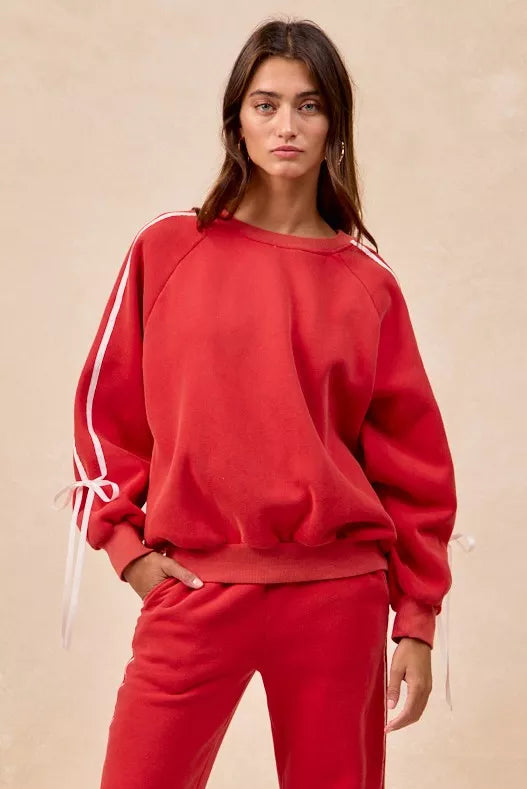 Side Lined Bow Details Fleece Sweatshirt