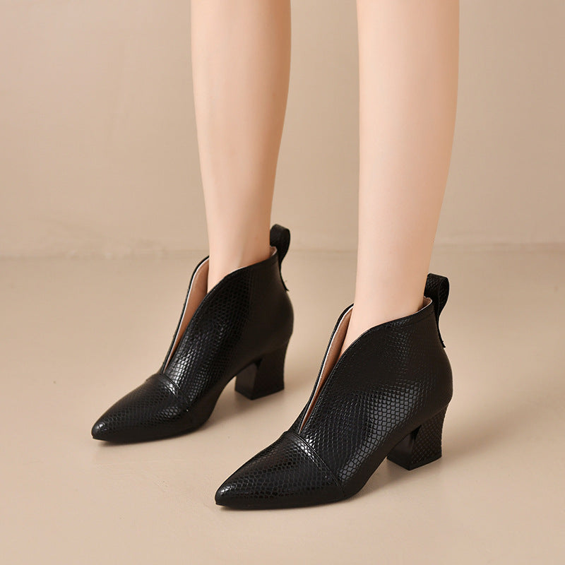 Women's Chunky Heel Martin Ankle Boots – Pointed Toe V-Cut Slip-On