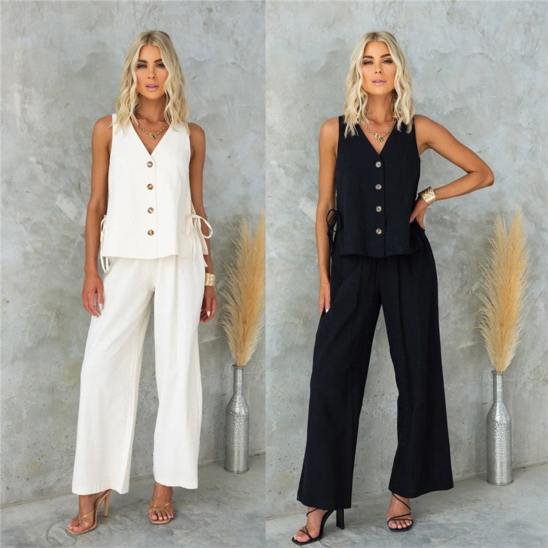 Single Breasted Sleeveless Vest and Trousers Set in Solid Color