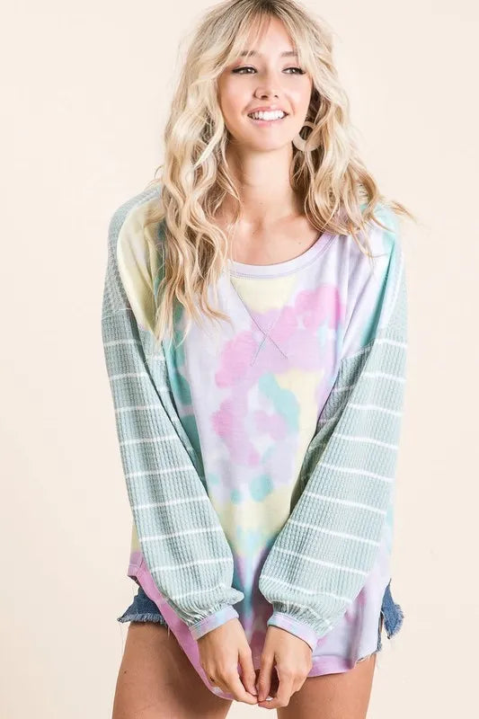 Tie Dye Terry Top with Wide Stripe Thermal Waffle