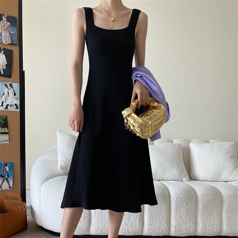 Knitted Hepburn Style Dress with Wide Shoulder Straps