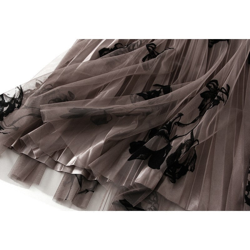 Floral Flock Mesh Patchwork A-Line Skirt