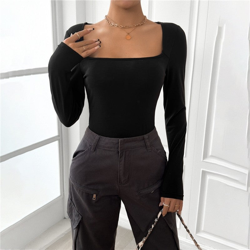 Square Neck Long Sleeve Solid Color Bodysuit Rompers
