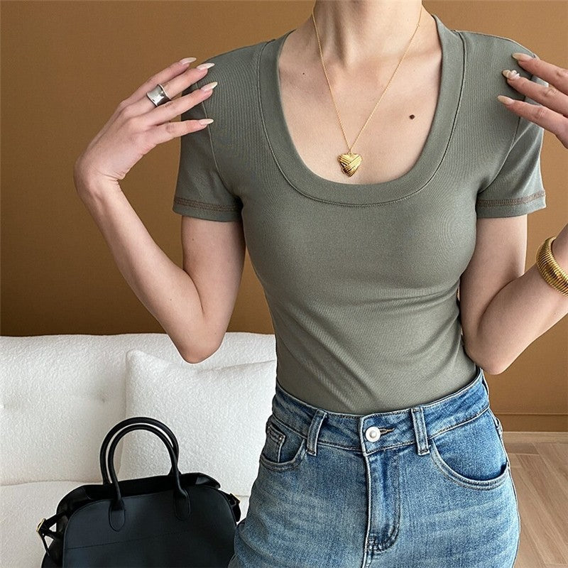 V-Neck T-Shirt with Unique Outer Seam Stitching