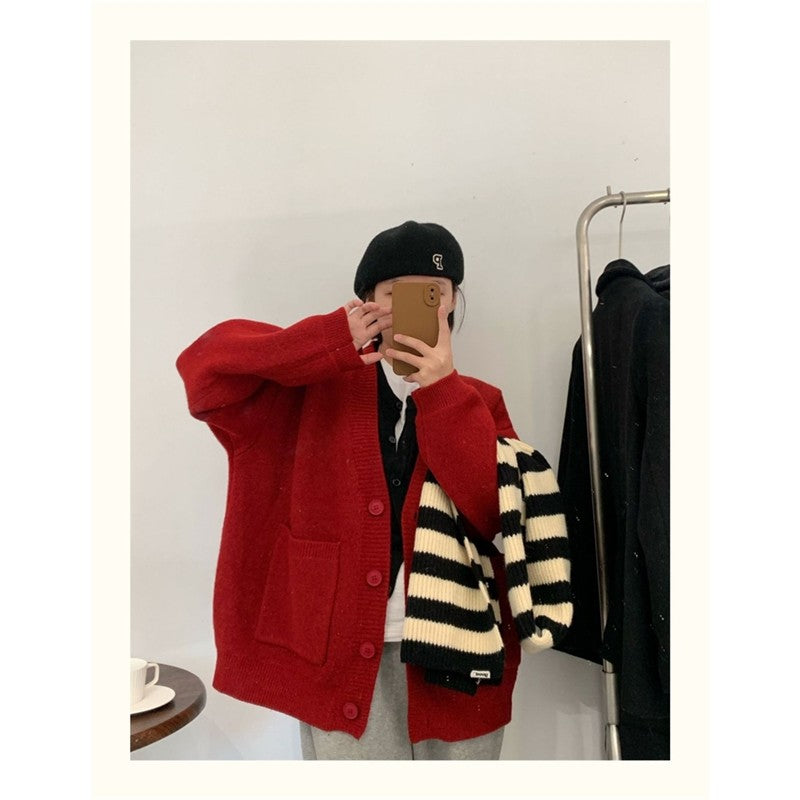 Solid Color Long Sleeve Large Pockets Casual Loose Knitted Cardigan