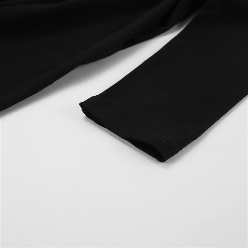 Simple Black Cotton Off-Shoulder Cutout Long Sleeve Top