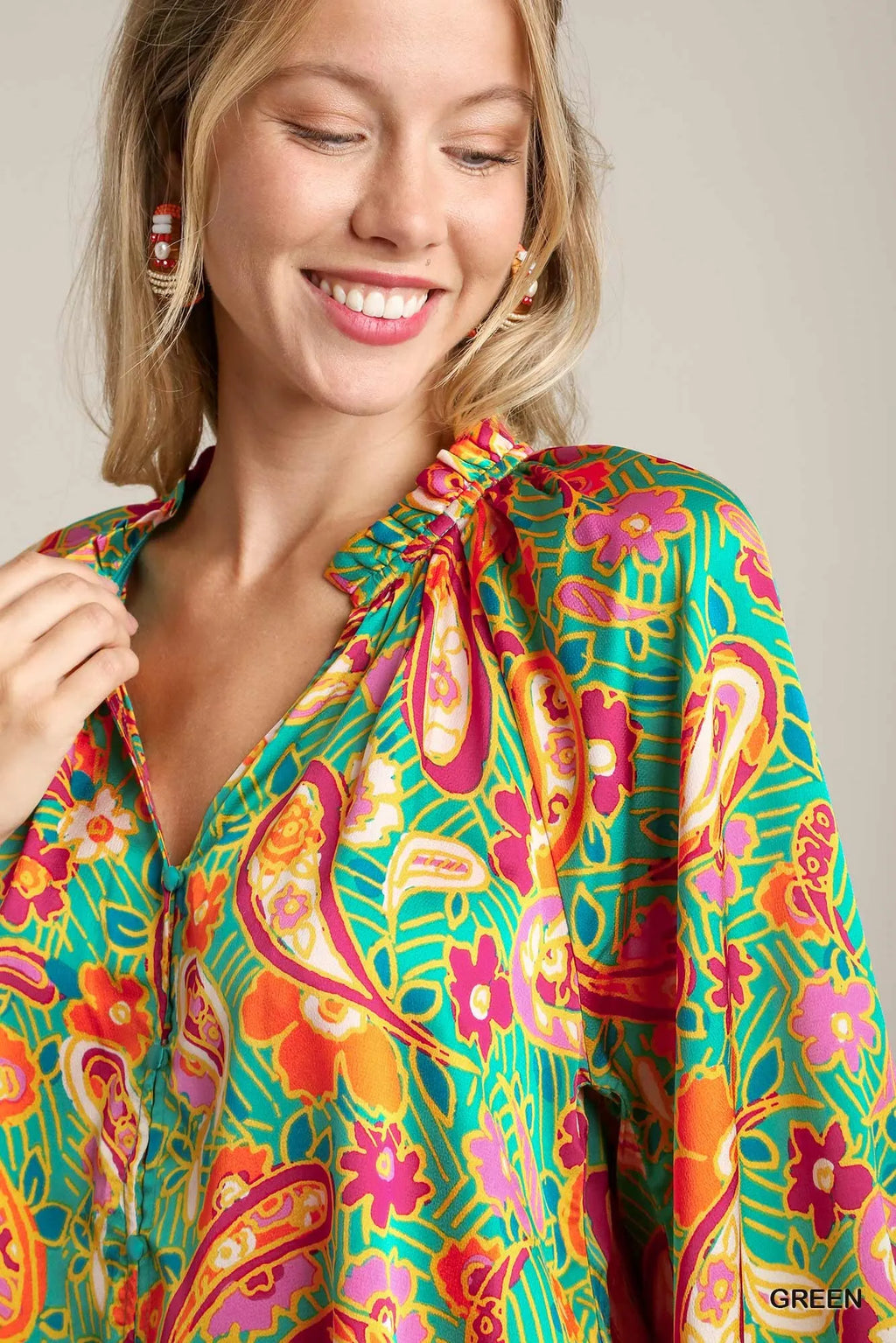 Satin Paisley Ruffle Neck Button-Up Shirt