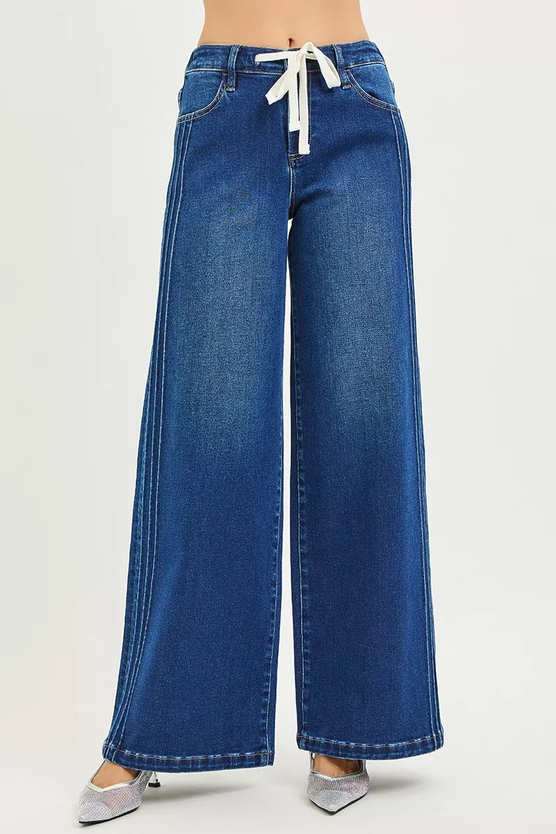 Full Size Mid Rise Wide Side Pintuck Jeans with Front Drawstring Plus Size
