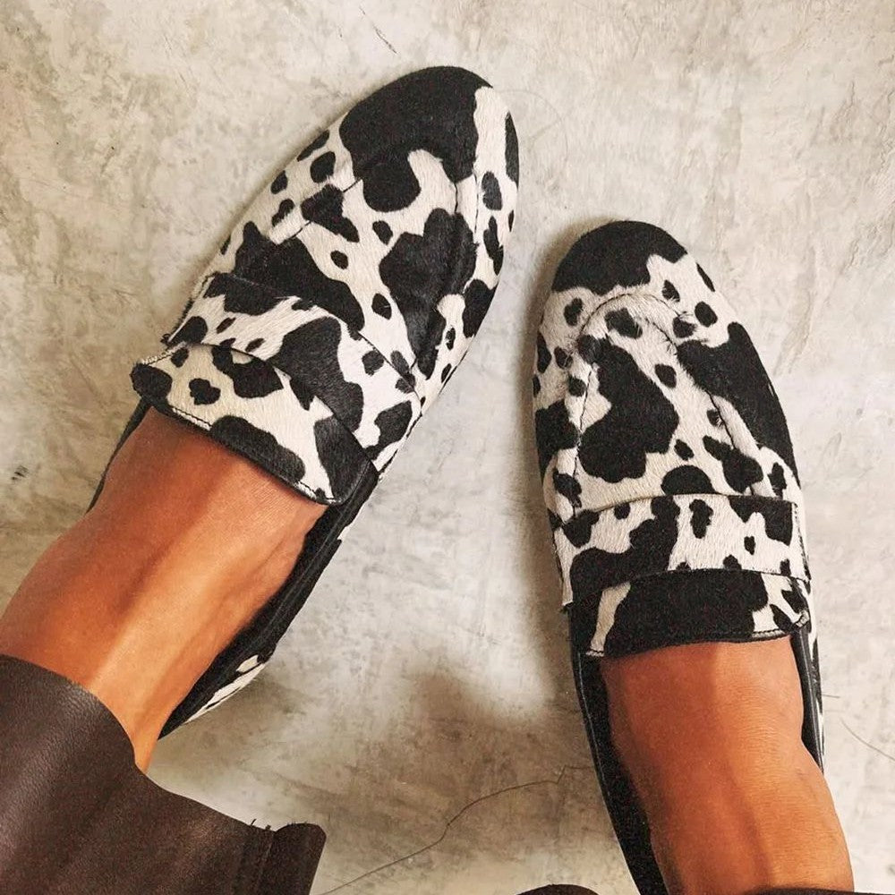 Women's Round-Toe Cow Print Rhinestone Slip-On Shoes | Chunky Low Heel Dress Shoes