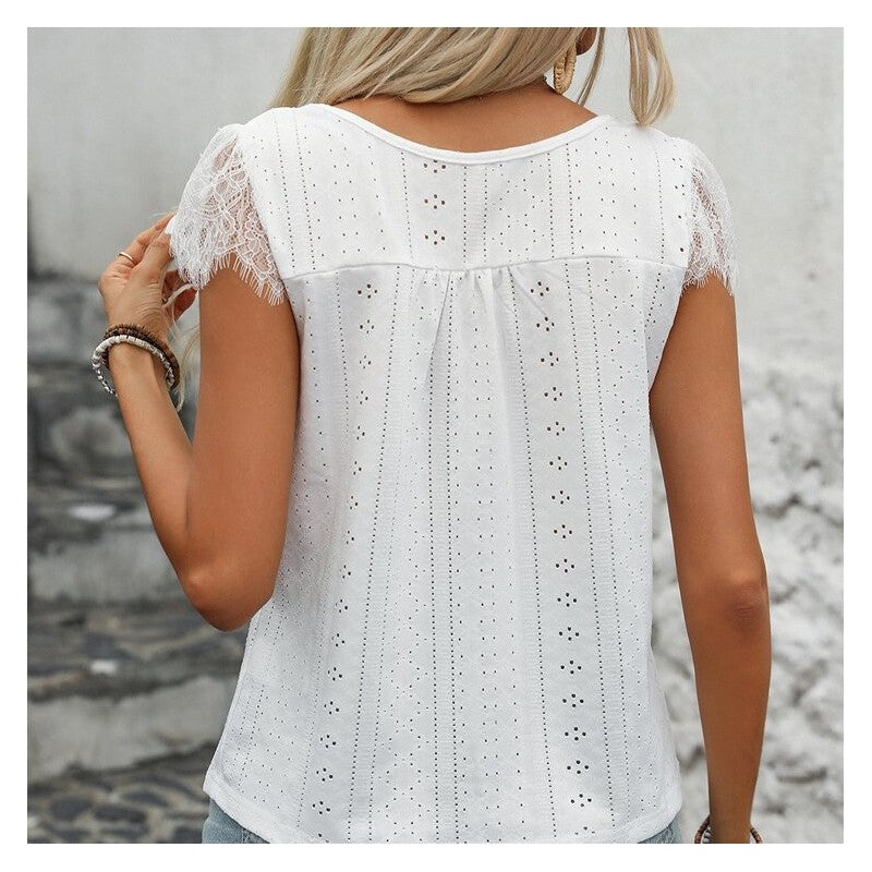 Solid Color V-Neck Lace Patchwork Short Sleeve T-Shirt
